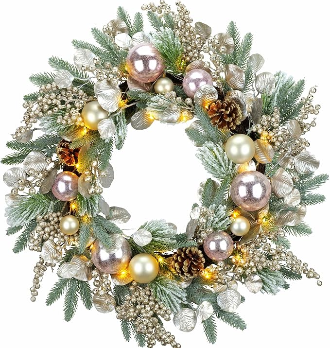 YULETIME 24" Christmas Wreath, Artificial Holiday Wreath with Baubles, Berries, Leaves, Spruce Branches, Snowy Pine Needles (Pink Bauble)