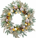 YULETIME 24" Christmas Wreath, Artificial Holiday Wreath with Baubles, Berries, Leaves, Spruce Branches, Snowy Pine Needles (Pink Bauble)