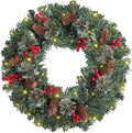 FR Artificial Pre-Lit Fir Christmas Wreath Holiday Accent Decoration, Wintry Pine, Decorated with Pine Cones Berry Clusters, with LED Lights Battery Operated for Door, Mantel - 16 Inch