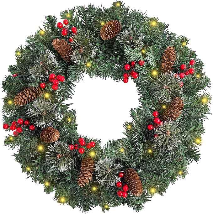 FR Artificial Pre-Lit Fir Christmas Wreath Holiday Accent Decoration, Wintry Pine, Decorated with Pine Cones Berry Clusters, with LED Lights Battery Operated for Door, Mantel - 16 Inch