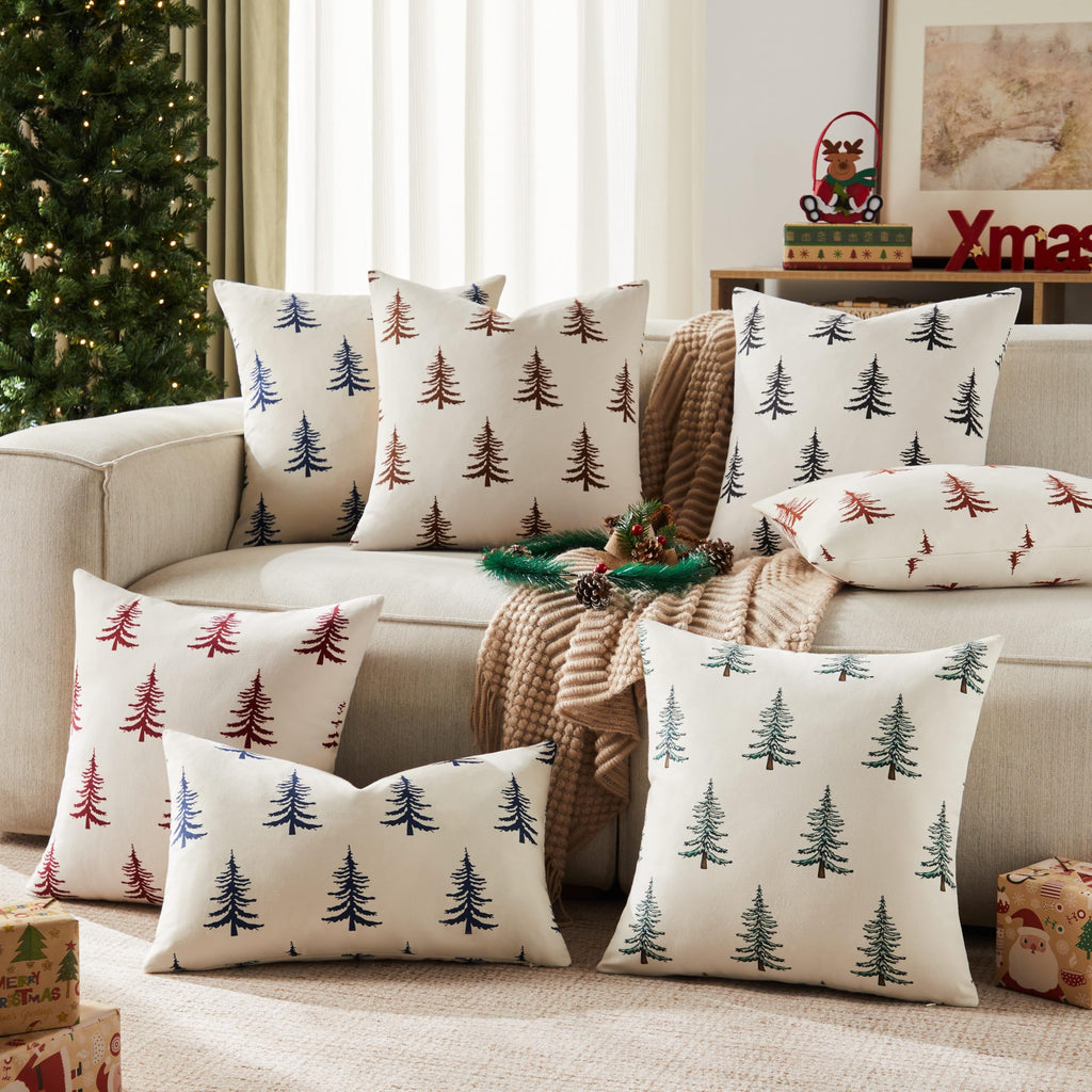YZJZEDS 100% Cotton Christmas Pillow Covers Set of 2, 24x24 Inch Christmas Green, Winter Tree Print Decorative Xmas Throw Pillow Covers Cushion Case Winter Home Decor for Sofa Bed Living Room