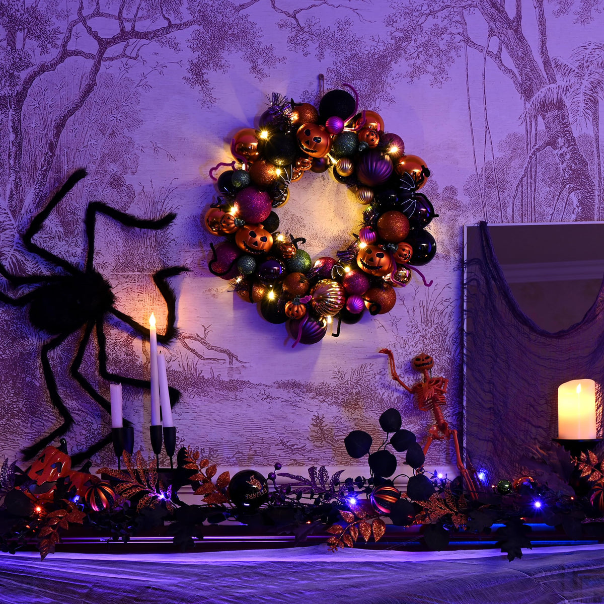 Valery Madelyn Halloween Decorations Indoor for Home, Pre-Lit Pumpkin Ball Wreath with 60ct Shatterproof Treat-or-Trick Ornaments for Centerpiece Wall Front Door, 11.9 Inch