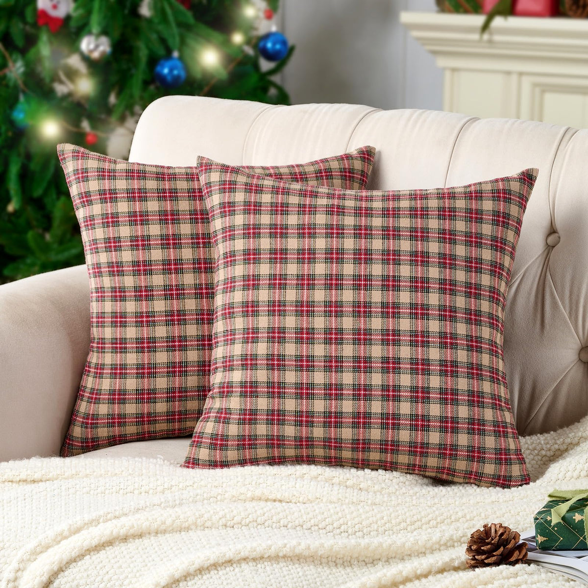 Vintage Brown Tartan Plaid Christmas Decorative Throw Pillow Covers 18x18 Set of 2, Primitive Christmas Decor Buffalo Plaid Pillows 18 x 18 Inch for Couch Bed, Rustic Farmhouse Xmas Decorations