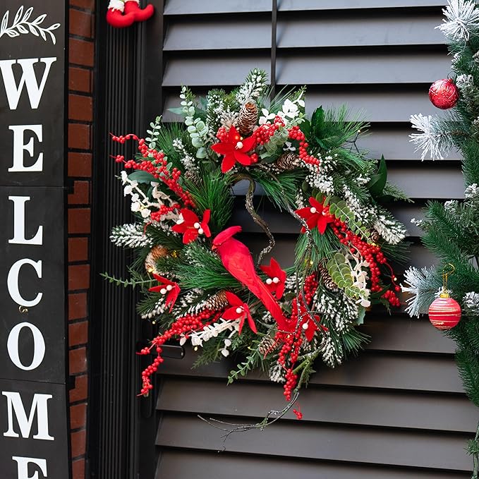 Christmas Wreath with Lights, Soomeir 24 Inch Lighted Christmas Wreaths for Front Door with Pine Needles and Berries, Large Prelit Wreath for Holiday Winter Window Outdoor Indoor Xmas