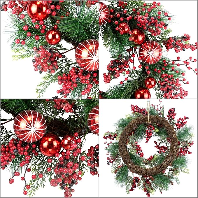 YULETIME 24" Mixed Berries Christmas Wreath - Artificial Holiday Wreath with Red & Purple Frosted Berries, Green Cypress Branches & Pine Needles