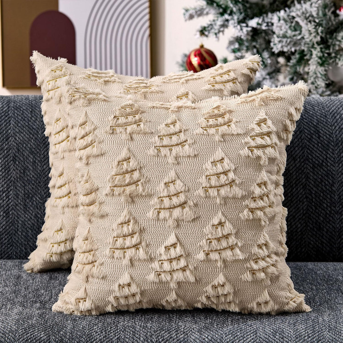 Allorry Christmas Pillow Covers 18x18 inch Set of 2 Soft Plush Faux Fur Christmas Decor Beige Xmax Tree Yellow Colored Lights Decoration Throw Pillow Case for Winter Holiday Sofa Living Room PT003C18