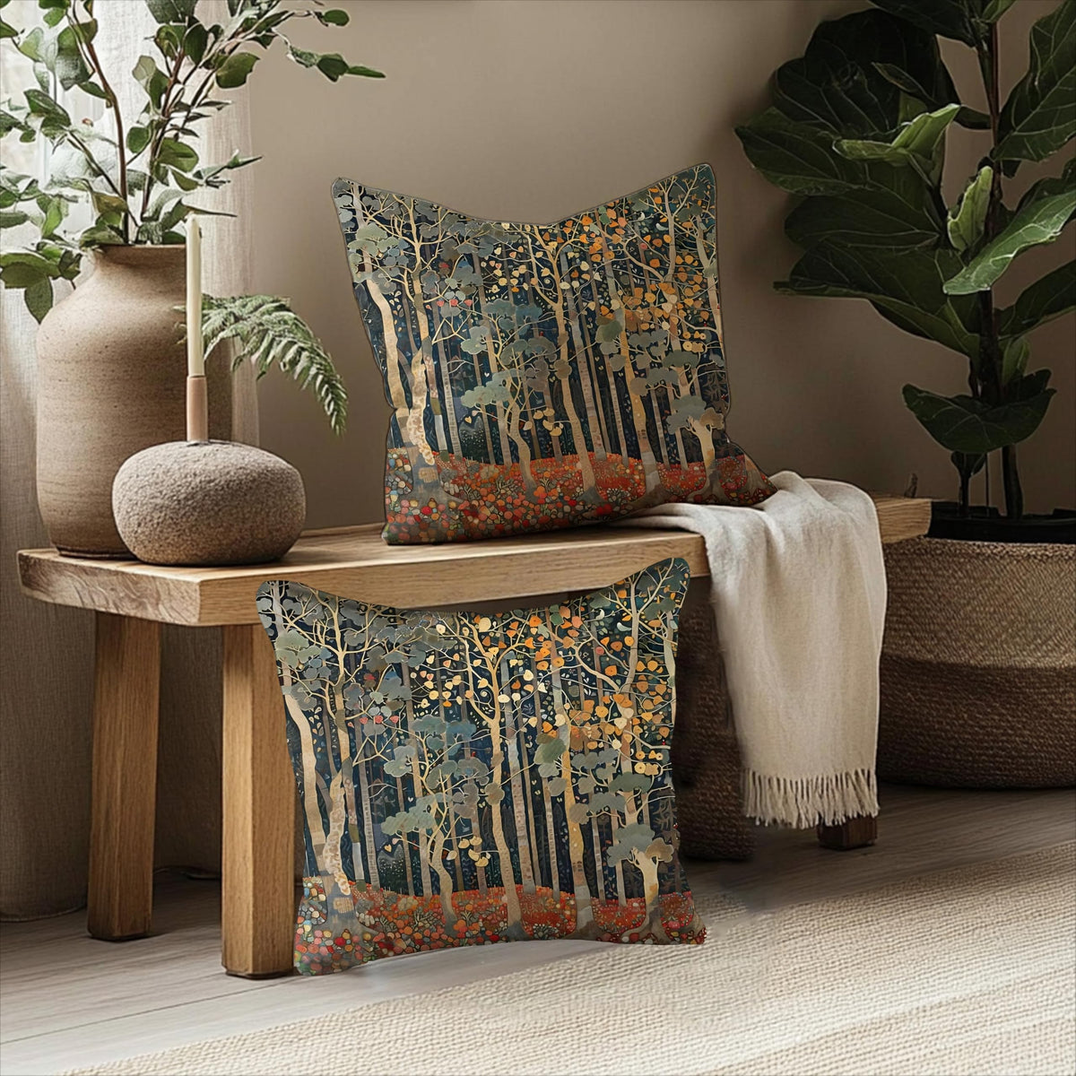 BUJSP Rustic Autumn Forest Pillow Covers 18x18 Set of 2, Fall Home Room Decor, Vintage Botanical Nature William Morris Inspired Decorative Throw Pillow Covers for Home Bedroom Living Room