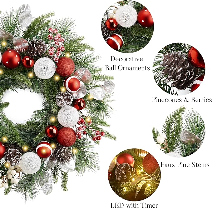 Valery Madelyn 20'' Pre-Lit Christmas Wreath for Front Door with Light, Lighted Christmas Door Wreath with Red White Xmas Ball Norfolk Pine Branches for Home Porch Fireplace Window Holiday Decor