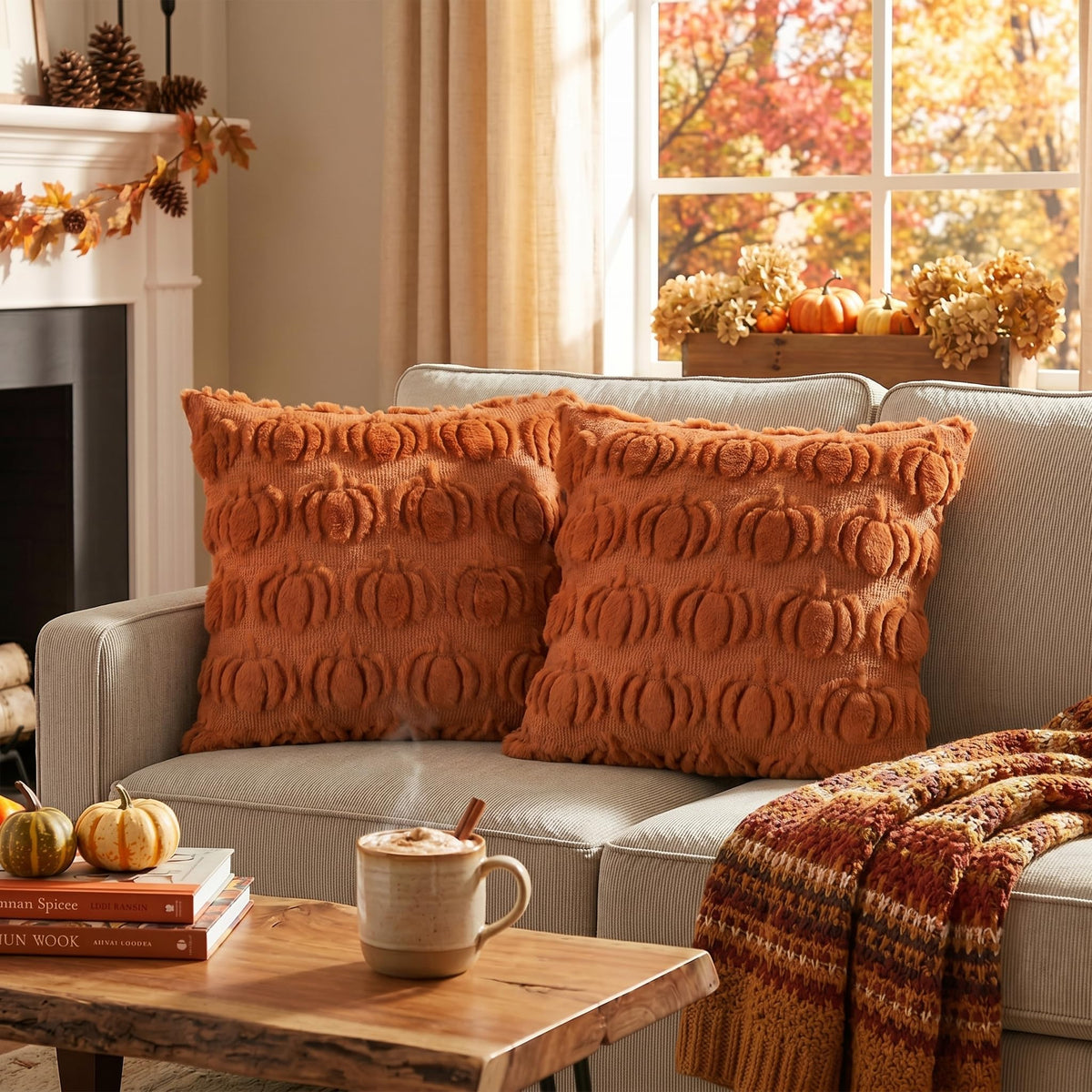 AVOIN colorlife Fall Pumpkin Caramel Throw Pillow Covers, 20 x 20 Inch Autumn Thanksgiving Harvest Soft Plush Faux Fur Jacquard Cushion Case Decoration for Sofa Couch Set of 2