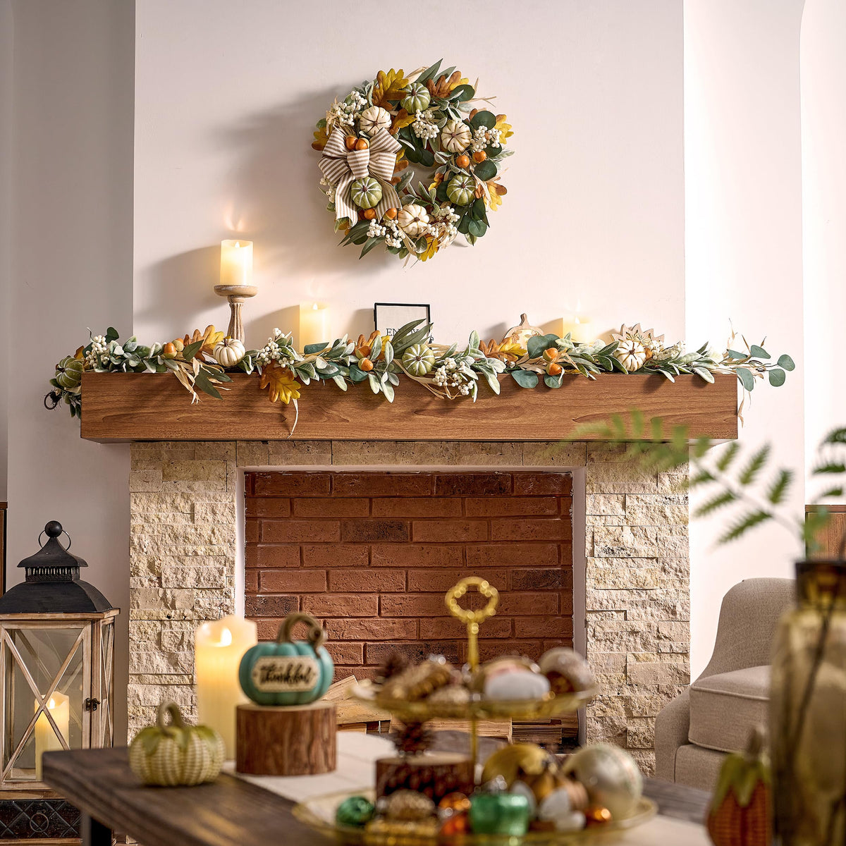 Valery Madelyn Fall Wreaths for Front Door Outside, 20'' Farmhouse Autumn Door Wreath with Lights White Pumpkins Bow, Outdoor Fall Decorations for Home Porch Thanksgiving Harvest Table Centerpiece