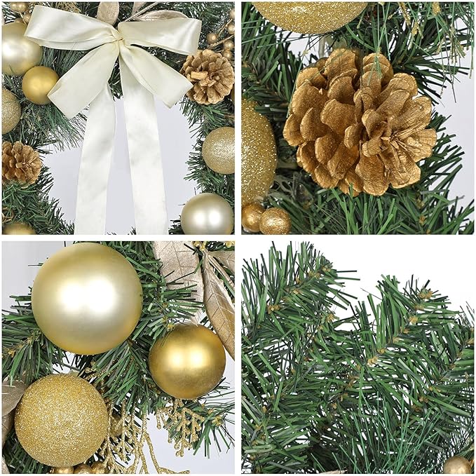 24 inch Christmas Door Wreath, Large Pine Wreaths for Front Door with Champagne Bow Golden Ball Glittered Leaf Spray Stems Pinecones for Fireplace Xmas Decorations, Wall Window Indoor Outdoor Decor
