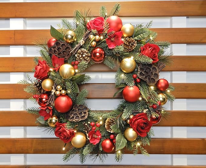 BIG 25" D Pre-lit Christmas Artificial Rose Pine Wreath w Natural Grapevine Base Lotus Seedpod (35 LED Lights, 8 Flash Options) for Xmas Decor at Shop Home Front Door Living Room Wall Window (Battery)