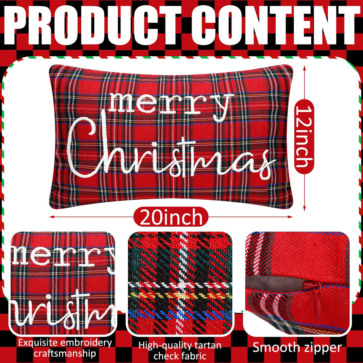 Preboun Tartan Christmas Pillow Cover 12 x 20 Inch Embroidered Merry Christmas Throw Pillow Cover Scottish Tartan Pillows Cases Home Decor Vintage Plaid Cushion Covers for Farmhouse Couch Sofa(Red)