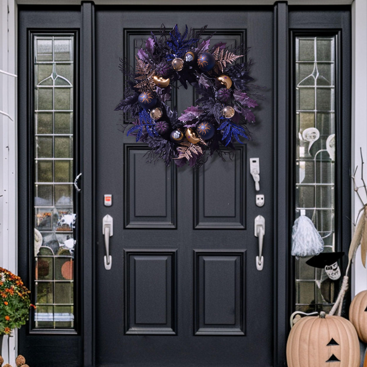 DecorbyHannahHalloween Wreath for Front Door, 24 Inch Collapsible Pre-lit Black Witch Pumpkins Wreath with Lights，Maple Leaves, Moon,Ball Ornaments and Timer for mantle Porch Wall Indoor Outdoor Decor