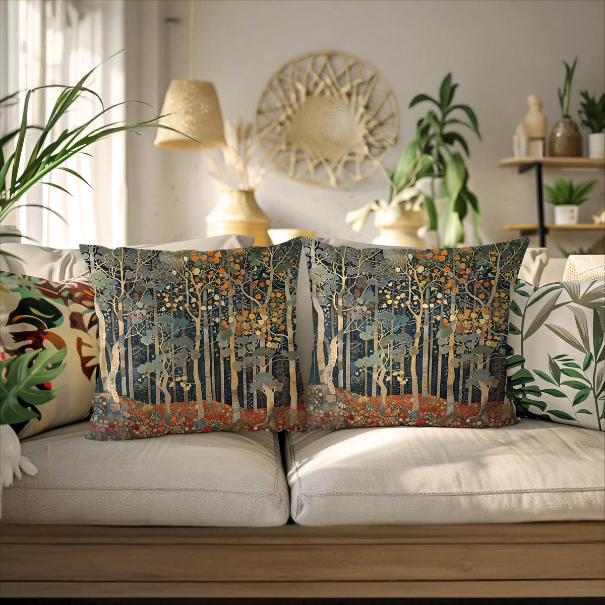 BUJSP Rustic Autumn Forest Pillow Covers 18x18 Set of 2, Fall Home Room Decor, Vintage Botanical Nature William Morris Inspired Decorative Throw Pillow Covers for Home Bedroom Living Room