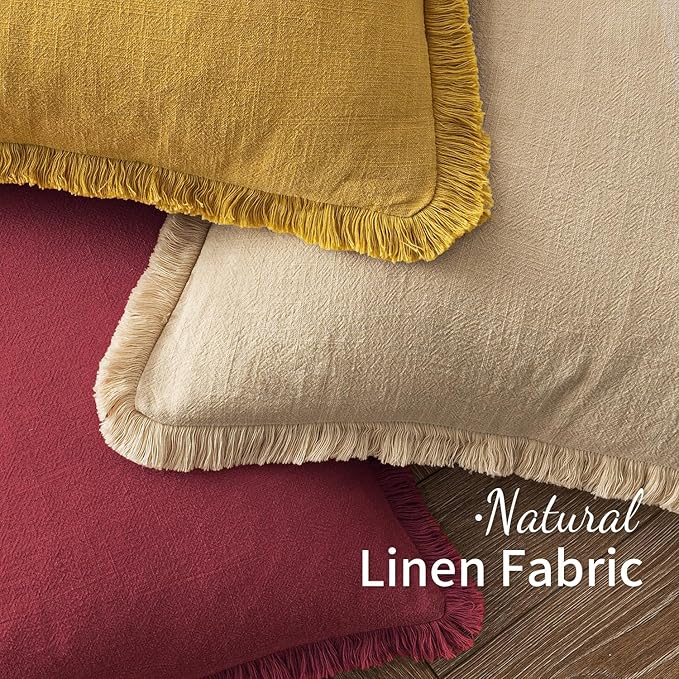 MIULEE Christmas Decorative Throw Pillow Covers Neutral Linen Fringe Throw Pillows Set of 2 Burgundy Boho Farmhouse Cushion Covers with Tassels for Couch Sofa Bed Living Room Home Decor 18x18 Inch