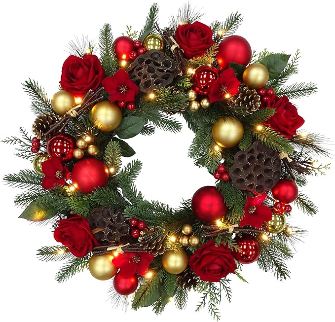 BIG 25" D Pre-lit Christmas Artificial Rose Pine Wreath w Natural Grapevine Base Lotus Seedpod (35 LED Lights, 8 Flash Options) for Xmas Decor at Shop Home Front Door Living Room Wall Window (Battery)