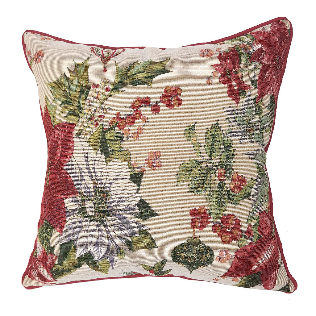 Christmas Tapestry Throw Pillow Cover 18x18 Inch - Festive Woven Jacquard Poinsettia & Holly Cushion Case - Red Piped Edges, Hidden Zipper - Decorative Holiday Home Decor for Sofa/Couch