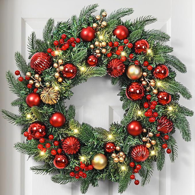 Christmas Wreath with Lights, 20 Inch Christmas Wreaths for Front Door, Large Winter Door Wreath with Ball Ornaments, Berries and Norfolk Pines, Xmas Decor for Indoor Outdoor Wall Windows