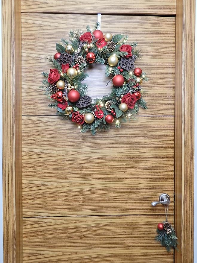 BIG 25" D Pre-lit Christmas Artificial Rose Pine Wreath w Natural Grapevine Base Lotus Seedpod (35 LED Lights, 8 Flash Options) for Xmas Decor at Shop Home Front Door Living Room Wall Window (Battery)