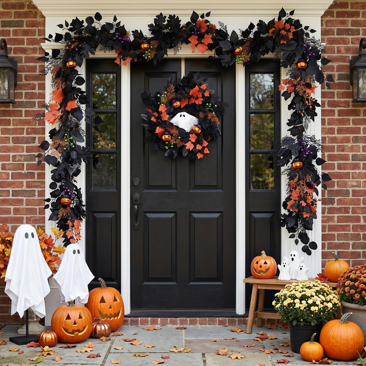 DecorbyHannah Voice Control Halloween Wreath with Lights for Front Door, 18 Inch Pre-Lit Ghost Jack-o'-Lantern Pumpkins Wreath Halloween Spooky Decorations for Home Porch Wall Indoor Outdoor Decor