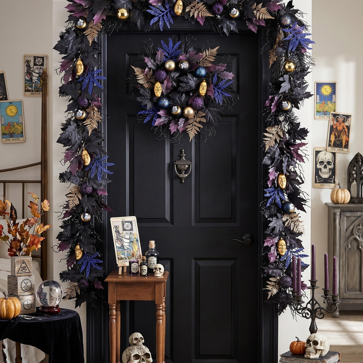 DecorbyHannah Pre-lit Halloween Wreath for Front Door, 18 Inch Light Up Black Witch Pumpkins Wreath with Lights，Maple Leaves, Moon, Ball Ornaments and Timer for Mantel Porch Wall Indoor Outdoor Decor