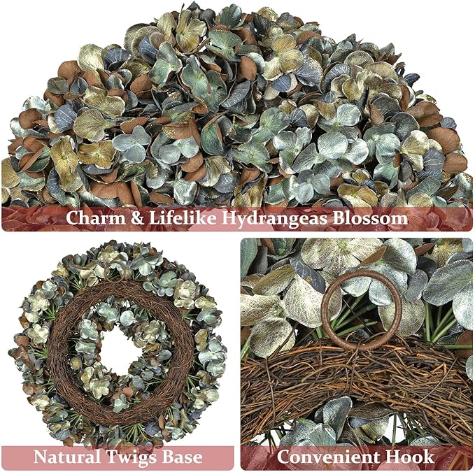 Fall Wreaths for Front Door, 24 inch Fall Hydrangea Wreaths for Front Door Outside Large Artificial Autumn Floral Wreath for Thanksgiving Harvest Christmas Wall Mantel Porch Indoor Outdoor Decor