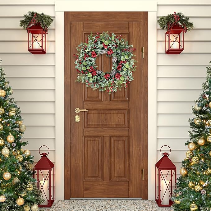 Sggvecsy 22 Inch Artificial Christmas Wreath for Front Door Xmas Red Berry Wreath with Pine Needles Pine Cones Eucalyptus Leaves Christmas Decorations for Winter Wall Outdoor Home Holiday Xmas Decor