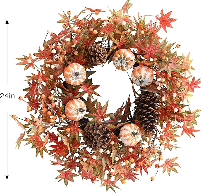 Fall Wreath for Front Door Fall Pumpkins Pinecone Wreaths 24 Inch Berry Artificial Maples Leaves Wreath for Halloween Thanksgivings Christmas Decoration Indoor Outdoor Window Hanging Decor