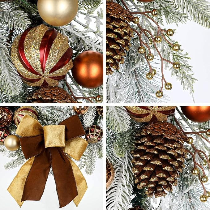 24" Christmas Wreath for Front Door Artificial Unlit Winter Wreath with Pine Cones, Berry Clusters, Bronze Ball Ornaments and Ribbon for Thanksgiving Holiday Christmas Decoration