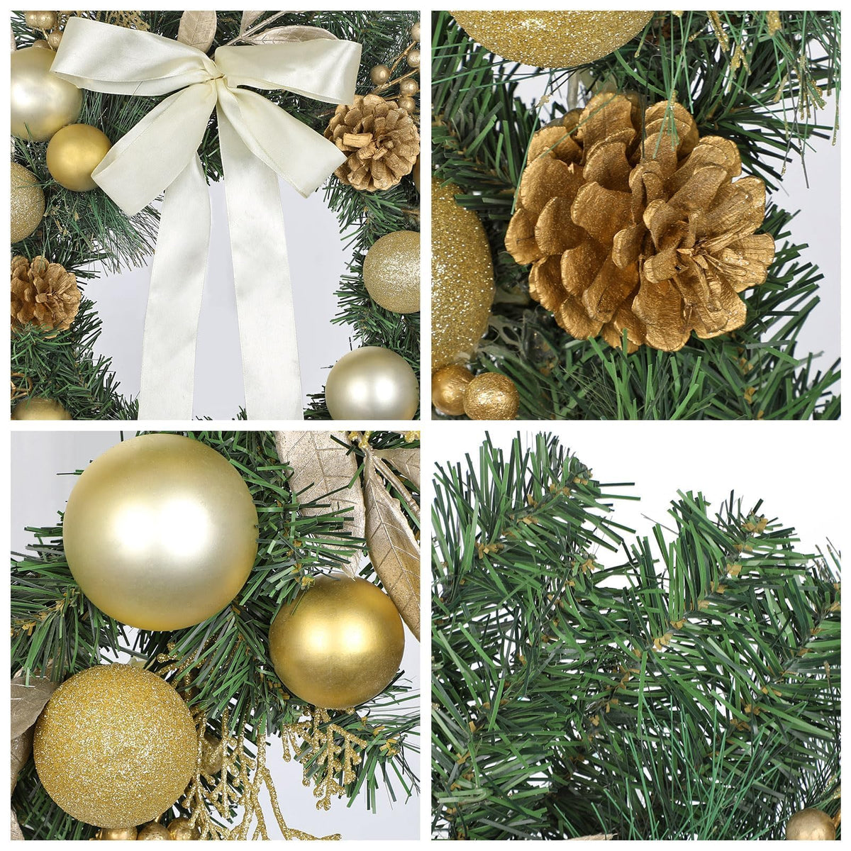 24 inch Christmas Door Wreath, Large Gold Wreaths for Front Door with Champagne Bow Golden Ball Glittered Leaf Spray Stems Pinecones for Fireplace Xmas Decorations, Wall Window Indoor Outdoor Decor