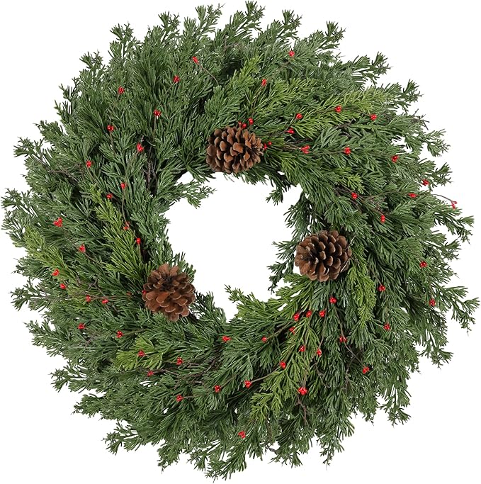 2PC Real Touch Pine Christmas Wreath 24 Inch Christmas Wreaths for Front Door Winter Wreath Artificial Green Wreaths Outdoor Christmas Decorations Indoor Outside Window Home Holiday Thanksgiving