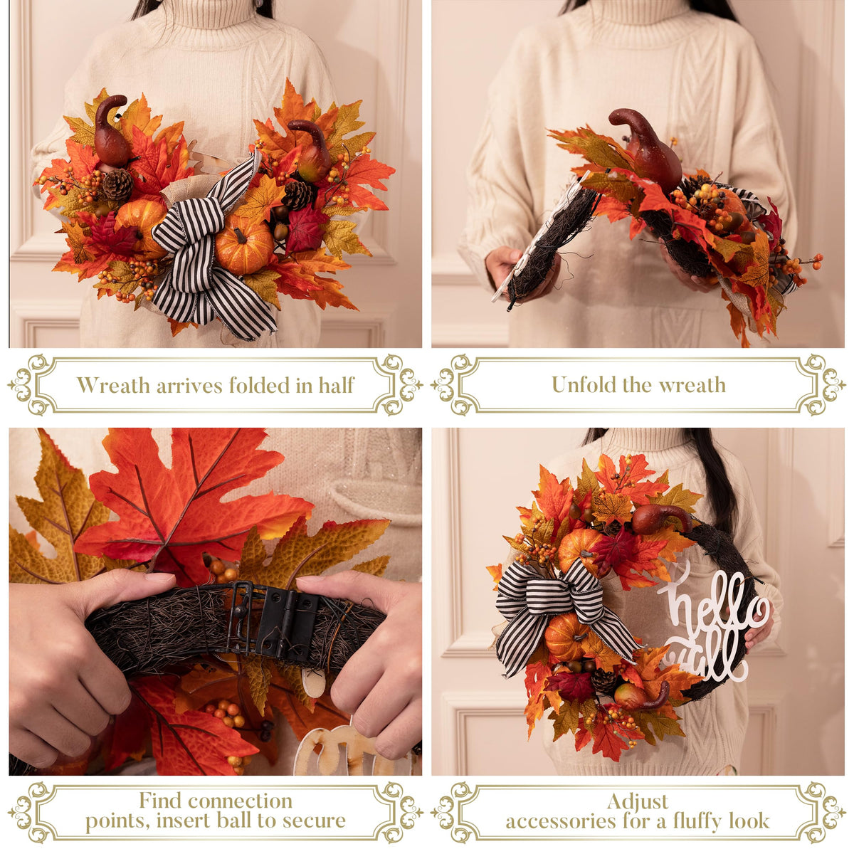 Valery Madelyn 22'' Collapsible Fall Wreaths for Front Door, Farmhouse Autumn Door Wreath with Lights Pumpkins Bow Outdoor Fall Halloween Decorations for Home Porch Thanksgiving Harvest Outdoor Decor