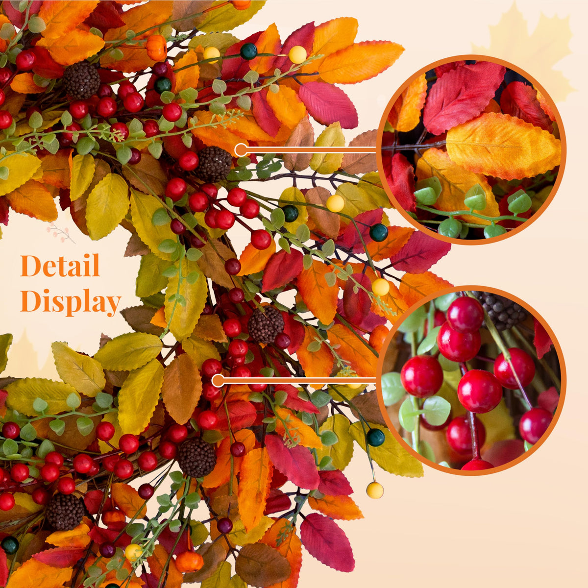 22" Berry Branches Fall Wreath with Colorful Leaves, Red Autumn Artificial Berries Wreath for Front Door Outside Thanksgiving Halloween Window Home Wall Farmhouse Holiday Outdoor Indoor Décor