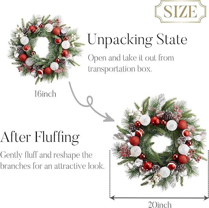 Valery Madelyn 20'' Pre-Lit Christmas Wreath for Front Door with Light, Lighted Christmas Door Wreath with Red White Xmas Ball Norfolk Pine Branches for Home Porch Fireplace Window Holiday Decor