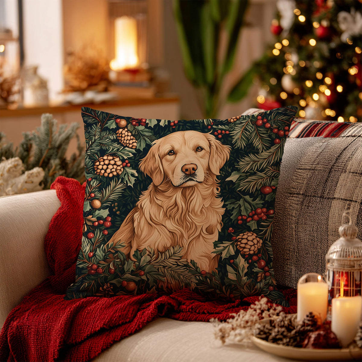 BUJSP Vintage Golden Retriever Christmas Decor Pillow Cover 18x18,Rustic Christmas William Morris Inspired Dog Animal Floral Print Botanical Decorative Throw Pillow Covers for Home Bedroom Living Room
