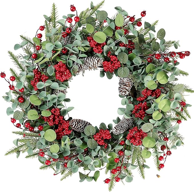 Sggvecsy 22 Inch Artificial Christmas Wreath for Front Door Xmas Red Berry Wreath with Pine Needles Pine Cones Eucalyptus Leaves Christmas Decorations for Winter Wall Outdoor Home Holiday Xmas Decor