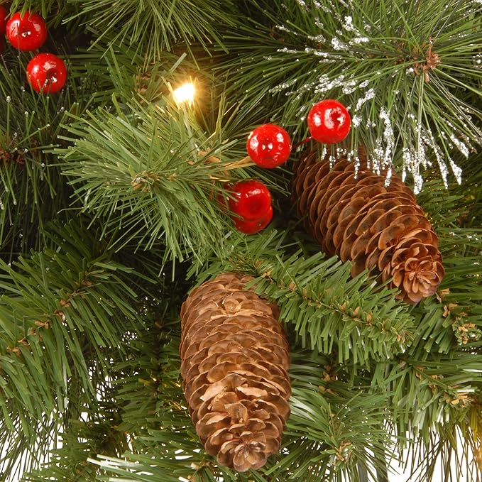 National Tree Company Pre-Lit Artificial Christmas Wreath, Green, Crestwood Spruce, White Lights, Decorated with Pine Cones, Berry Clusters, Frosted Branches, Christmas Collection, 36 Inches