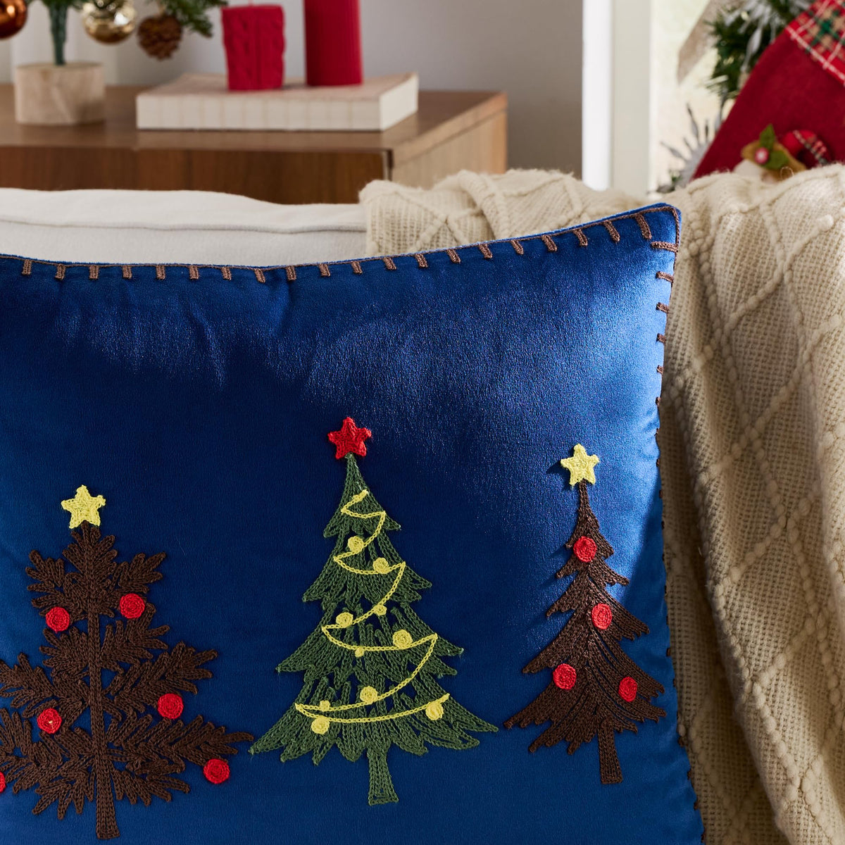 KINDREX Christmas Tree Throw Pillow Covers 18x18 Set of 2 Winter Holiday Decorative Navy Blue Embroidered Luxurious Soft Velvet Accent Pillowcase for Sofa Couch Bed Living Room Festivals Home Decor