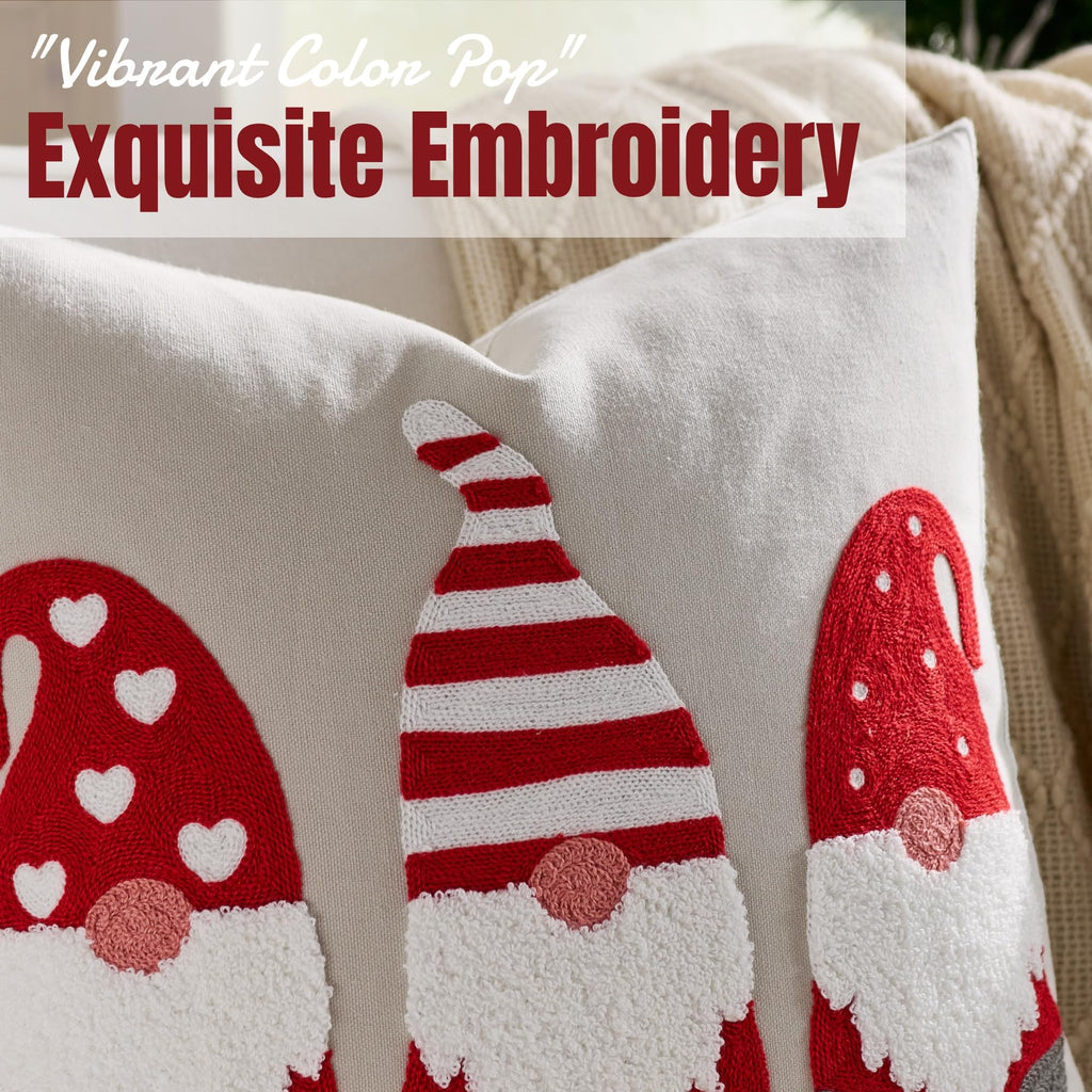Farmhouse Christmas Pillow Covers 18x18 Set of 2, Xmas Embroidered Throw Cushion Cases with Festive Patterns for Rustic Home Holiday Decor (Gnome Trio Light Grey, 18" x 18" (Pack of 2))