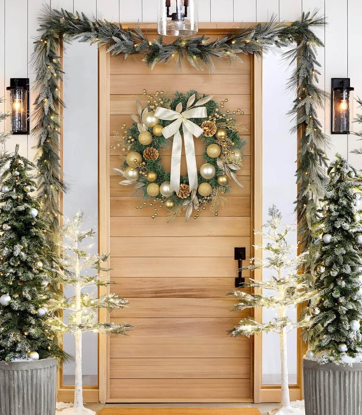 24 inch Christmas Door Wreath, Large Gold Wreaths for Front Door with Champagne Bow Golden Ball Glittered Leaf Spray Stems Pinecones for Fireplace Xmas Decorations, Wall Window Indoor Outdoor Decor