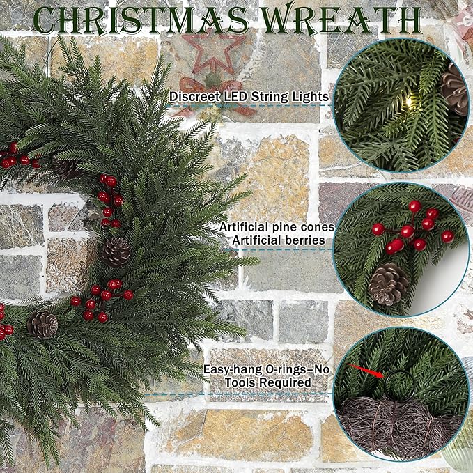 24" Artificial Christmas Wreath -Real Touch Norfolk Pine Wreath for Door,Wall,Windows,Indoor Outdoor -Christmas Wreaths for Front Door-Christmas Decorations-Holiday Decor-Free Battery LED Lights