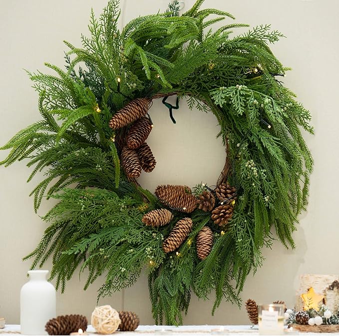 24 Inch Real Touch Norfolk Pine Wreaths for Front Door, Soomeir Artificial Christmas Wreath Green Faux Pine Wreath for Wall Windows Mantle Outdoor Christmas Decoration