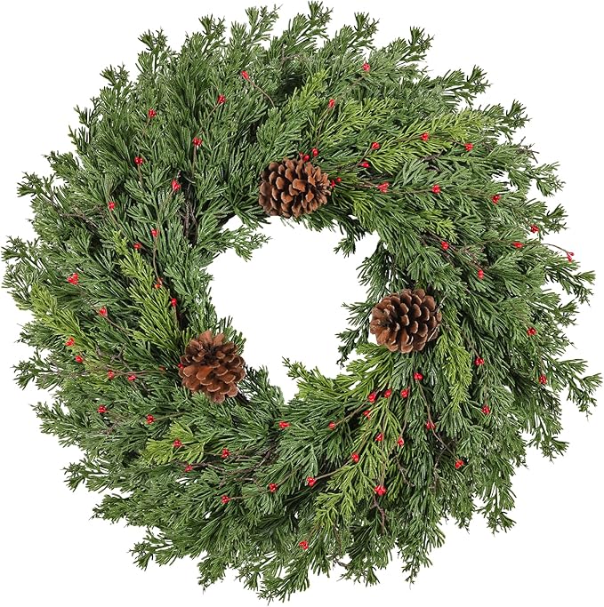Real Touch Pine Christmas Wreath 24 Inch Christmas Wreaths for Front Door Winter Wreath Artificial Green Wreaths Outdoor Christmas Decorations Indoor Outside Window Home Holiday Thanksgiving
