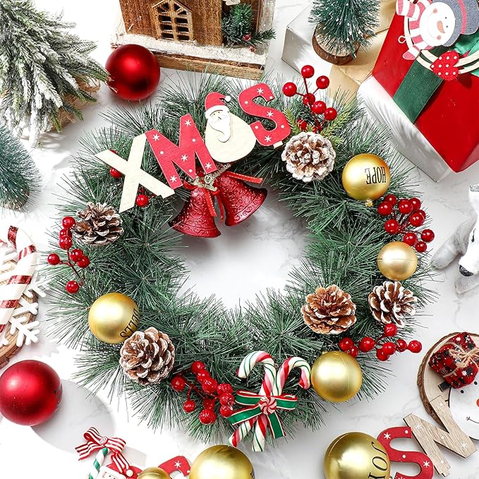 Zeyune Christmas DIY Green Wreath 14 Inch Artificial Christmas Wreaths Faux Plain Wreaths for Decorating Front Door Window Room Farmhouse Xmas Party Indoor Outdoor(Pine Needle,8 Pcs)