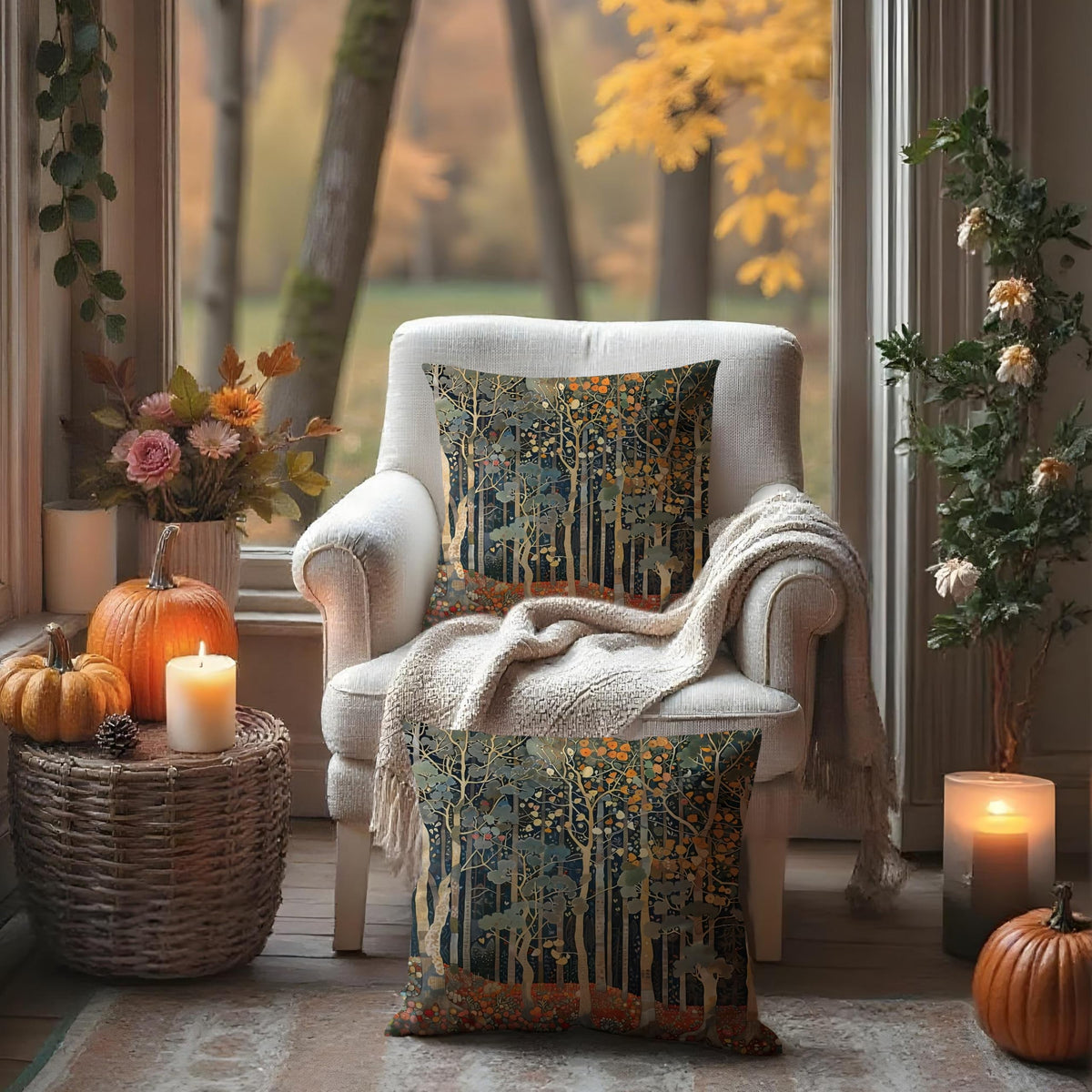 BUJSP Rustic Autumn Forest Pillow Covers 18x18 Set of 2, Fall Home Room Decor, Vintage Botanical Nature William Morris Inspired Decorative Throw Pillow Covers for Home Bedroom Living Room