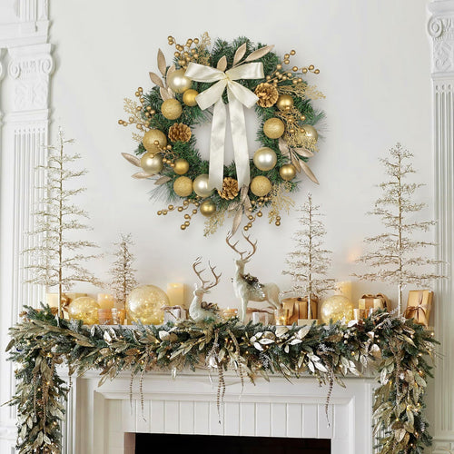 24 inch Christmas Door Wreath, Large Gold Wreaths for Front Door with Champagne Bow Golden Ball Glittered Leaf Spray Stems Pinecones for Fireplace Xmas Decorations, Wall Window Indoor Outdoor Decor