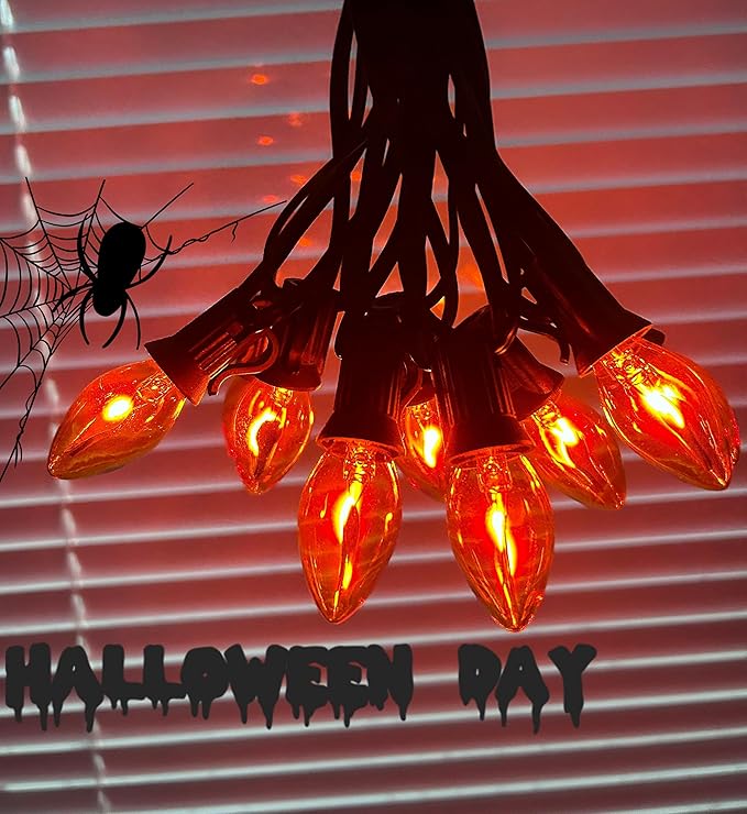 25Ft Halloween Flickering Flame Lights, C7 Orange Halloween Decoration with 27 Clear Flame Bulbs, Waterproof Connectable Patio Lights for Christmas Indoor Outdoor Decor, E12 Candelabra Base