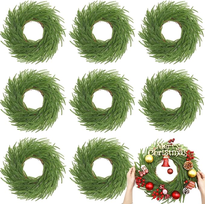 Zeyune Christmas DIY Green Wreath 14 Inch Artificial Christmas Wreaths Faux Plain Wreaths for Decorating Front Door Window Room Farmhouse Xmas Party Indoor Outdoor(Norfolk Pine,8 Pcs)