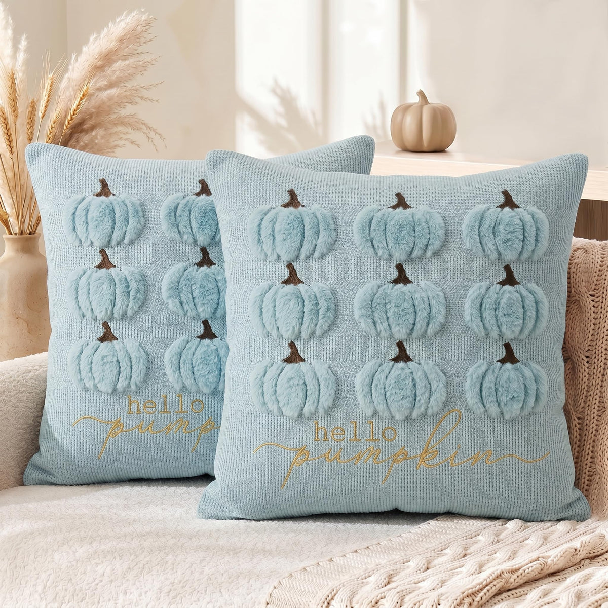 AVOIN colorlife Blue Hello Pumpkin Fall Embroidery Throw Pillow Covers, 18 x 18 Inch Autumn Harvest Thanksgiving Soft Plush Faux Fur Jacquard Cushion Case Decoration for Sofa Couch Set of 2